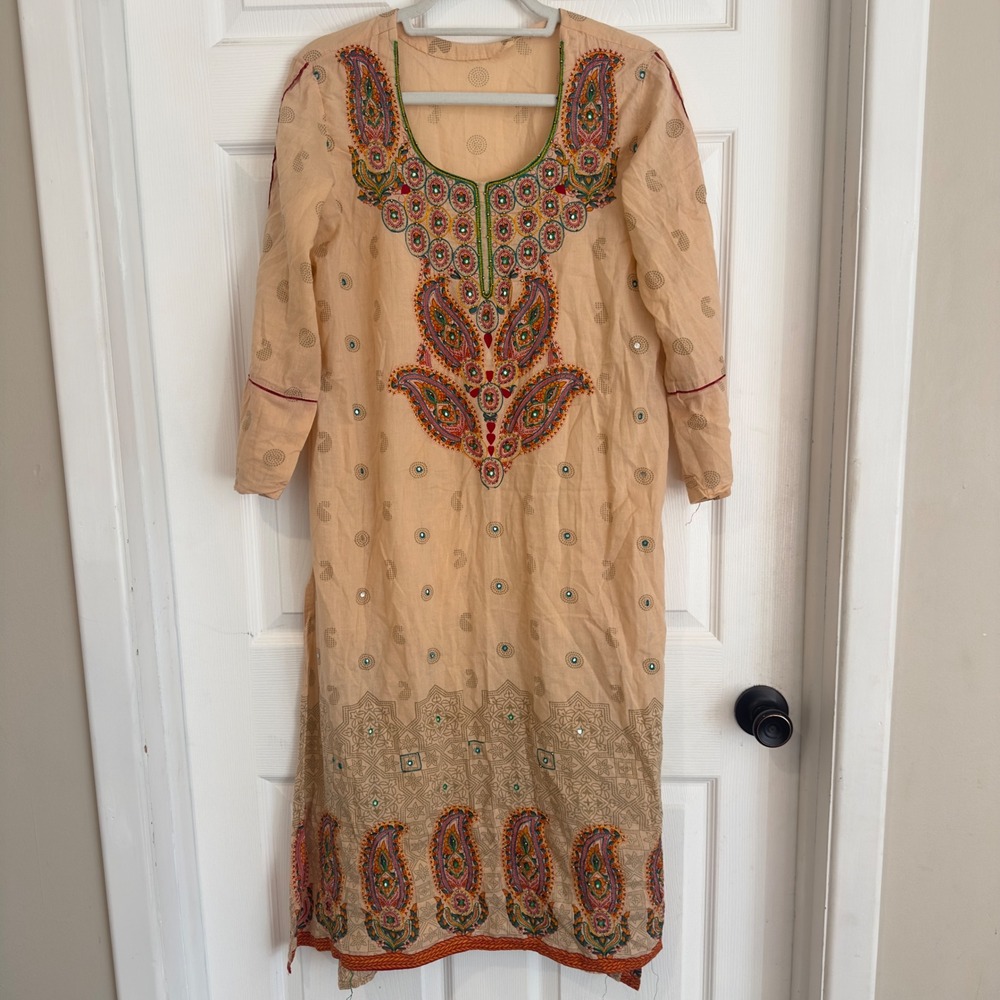 Vintage Peach Hand Embroidered Paisley Mirror Work Kurta Tunic Womens L